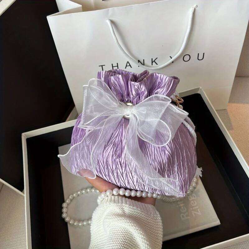 Chic Bowknot Canvas Crossbody Bag with Faux Pearl Chain - Versatile & Stylish Bucket Shoulder Purse for Women XJ260311