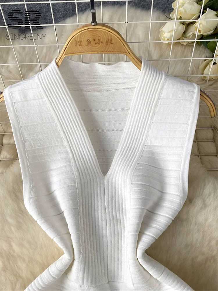 SINGREINY Bodycon Basic Knitting Dress Women Sleeveless V Neck Tank Ladies Elastic Waist Temperament Solid Streetwear Dress M260311