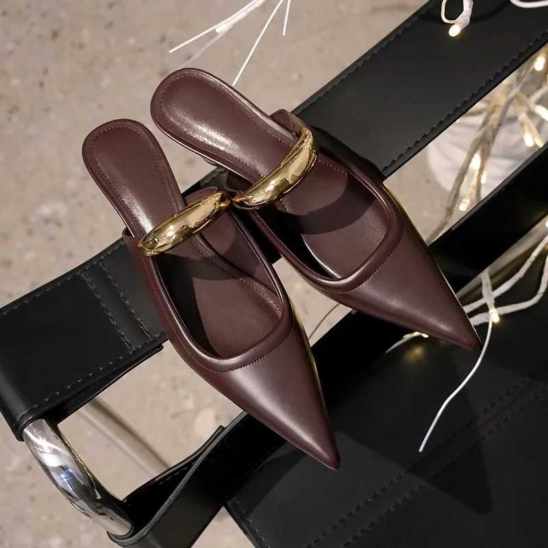 2024 Womens new pointed toe thick heel leather slippers metal toe sandals banquet slippers K260311