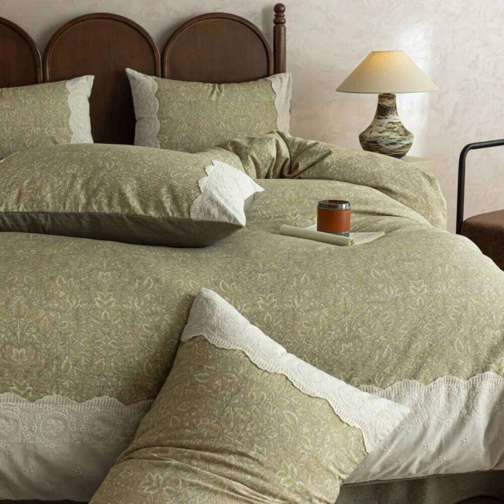 A Class Cotton Linen Four-Piece Skin Friendly Retro Floral Printed Bedding Set Quilt Cover With Lace Pillowcase Bed Sheet H260311