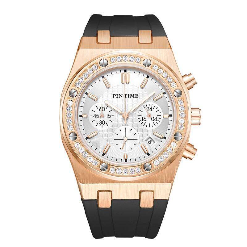 Casuals Watch for Men Diamond Iced Bezel Fashion Quartz Wristwatch Sports Silicone Band Waterproof 30m Chronograph Reloj Hombre
