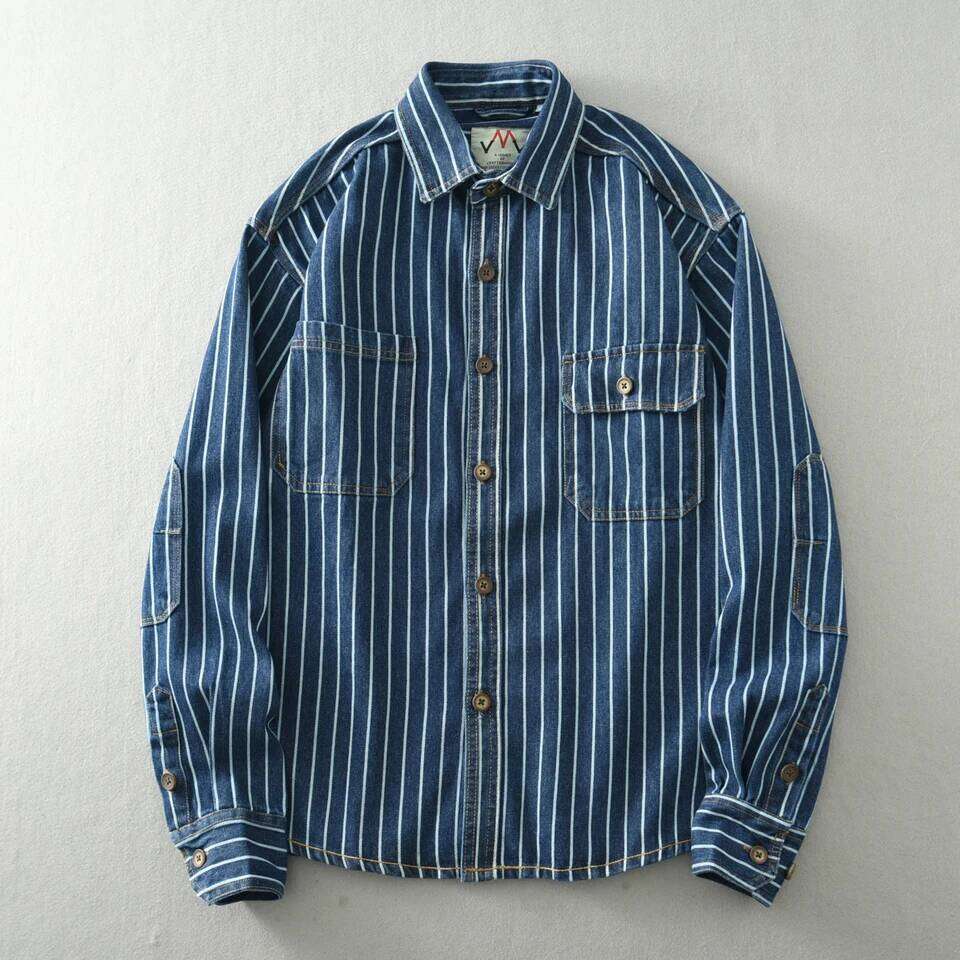 Heavy vintage washed vertical stripe denim men's loose size cotton long sleeve shirt jacket 26H0311