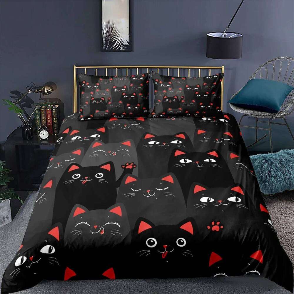 Cat Duvet Cartoon Animal Print Bedding Set With Pillowcase 2/3pcs Comforter Cover For Bedroom Decor H260311