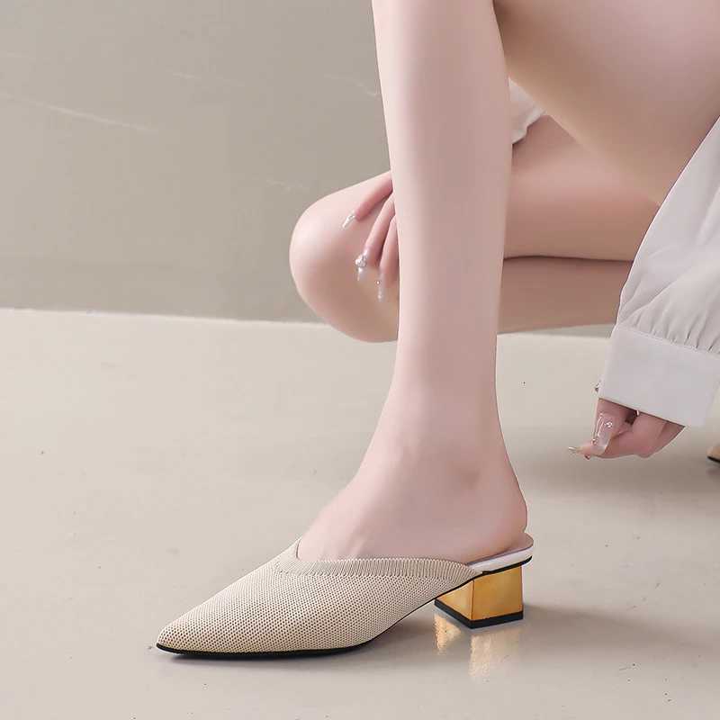 2025Summer Womens Knitted Slider Mule New Elegant Mesh Breathable Shoe Slipper Closed Toe Slider Shoes Splice Solid Color K260311