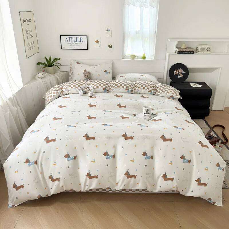 Beige Bear Printed Grid color Bedding Set Cute Dog Duvet Cover Pillowcase Soft Comfortable Bed Sheet For Bedroom 200x230cm 4pcs H260311