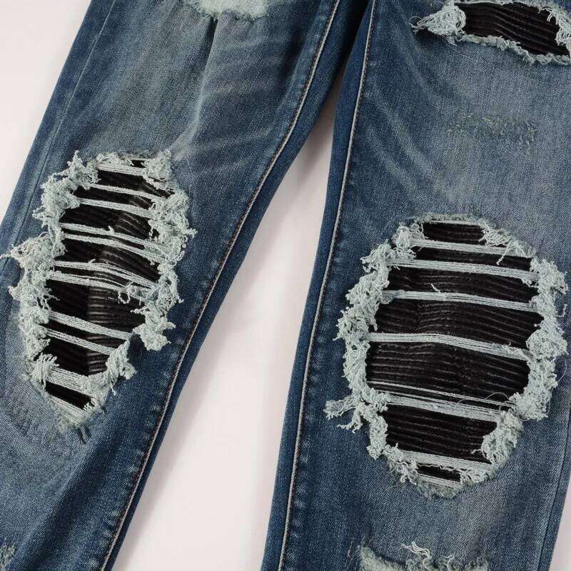 High Street Fashion New Men's Jeans with Wrinkles, Scratches, Nostalgic Elasticity, Slim Fit, Painted, Washed Blue Jeans, Hip Ho Z260225