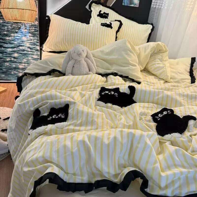 Summer Green Striped Hot Sale Black Cat Four-Piece Set Embroidered Washed Cotton Quilt Cover Bed Sheet People H260311