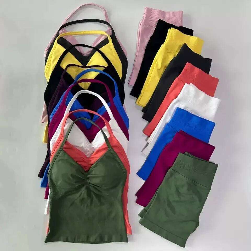 Sexy Halter Neck Beautiful High Waist Peach Sports Bras Shorts Suit Pilates Gathering Yoga Vest Training Fitness Bra Sets 26H0311