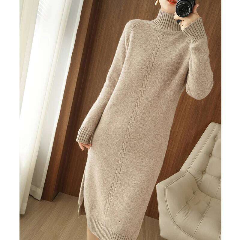2025Thick Warm 100%Wool Long Sweater Women Autumn Winter High-Neck Over-The-Knee Cashmere Knit Dress Large Size Base Shirt Z260311