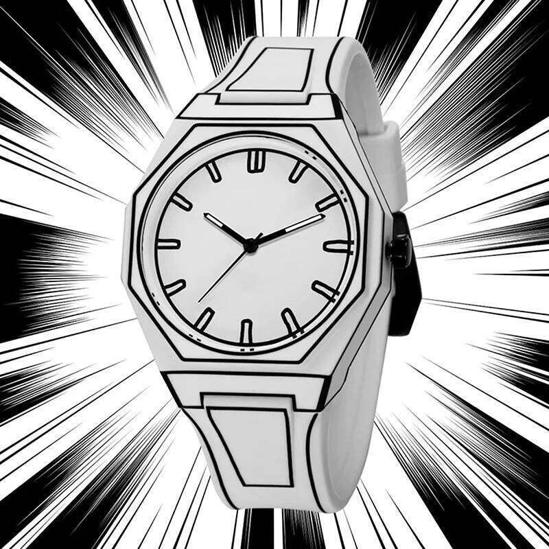 PINTIME New Men's Watches Black White Quartz Watch for Man Creativity 2D Comic Style Wristwatch Leisure Male Cool Clocks