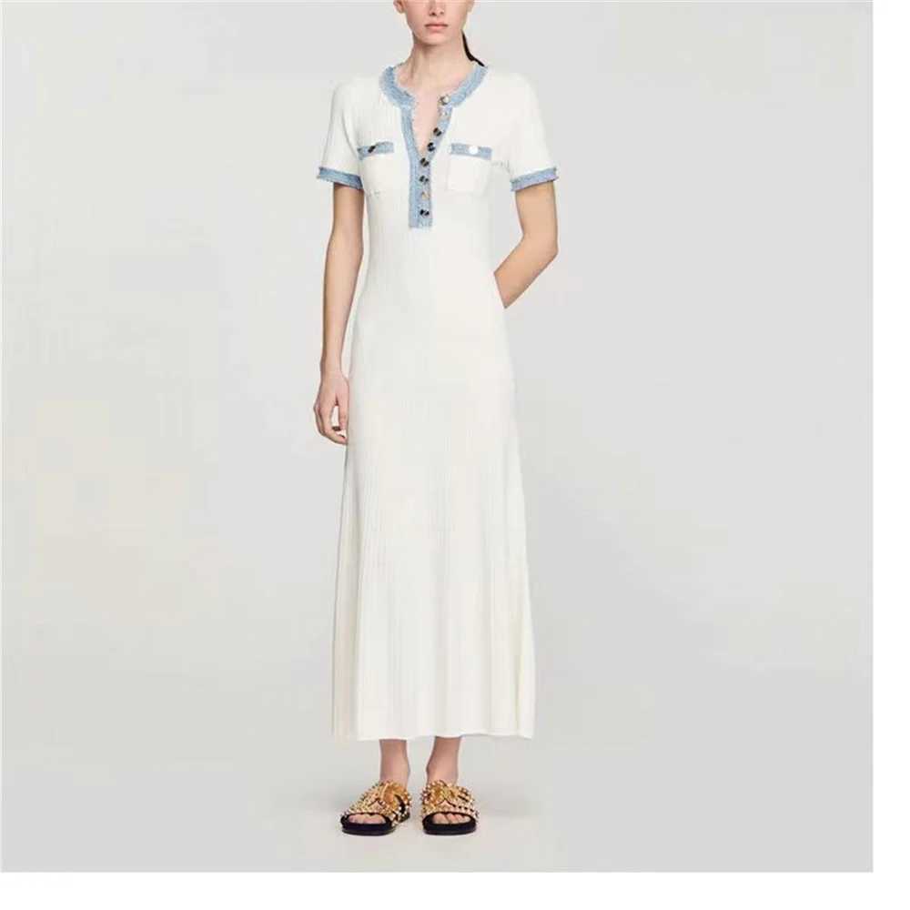 Elegant Contrasting Women Knit Maxi Dress Chic O-neck Short Sleeve Metal Buttons Bodycon Dresses Office Lady Commuting Robe M260311