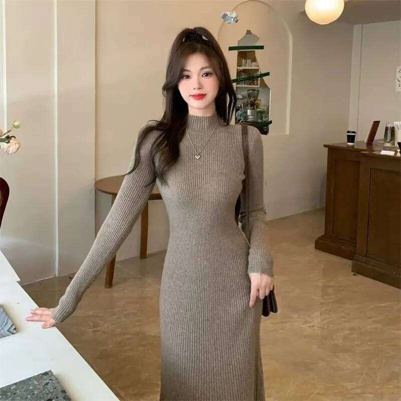 Autumn Winter Thickened Bottoming Knitted Dress Slimming Above the Knee Matching Coat Half-turtleneck Sweater Skirt Z260311