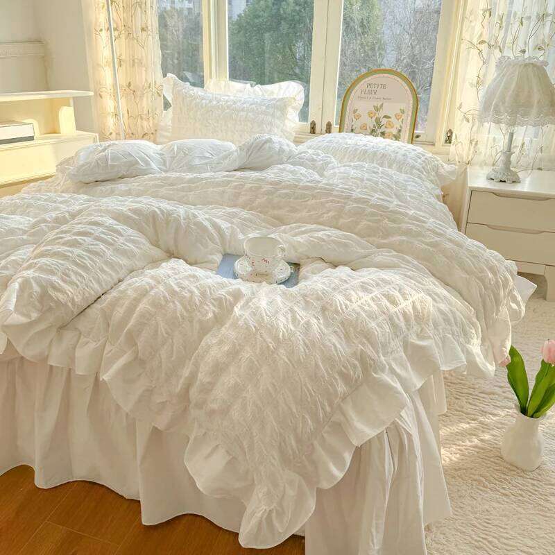 Korean Princess Style Lace Ruffles Bedding Skin-friendly Soft Seersucker Duvet Cover Set Sheet Or Bed Skirt Pillowcases H260311