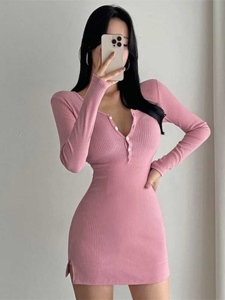 Half Open Neck Button Long Sleeve Cinching Waist Wrap Hip Slim Sexy Knit Dress Korean Version Autumn Winter New Bodycon Frock M260311