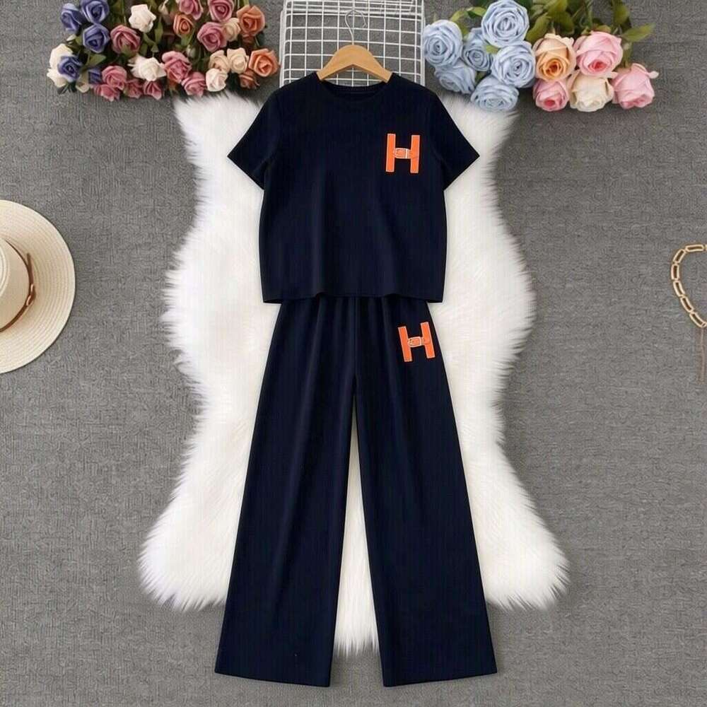 Women's new Korean version loose letter embroidered knitted T-shirt top+high waist slimming wide leg pants two-piece set