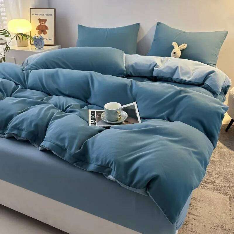 2025 new skin-friendly and comfortable washed cotton simple striped plaid color four-piece set, bed sheet kit H260311