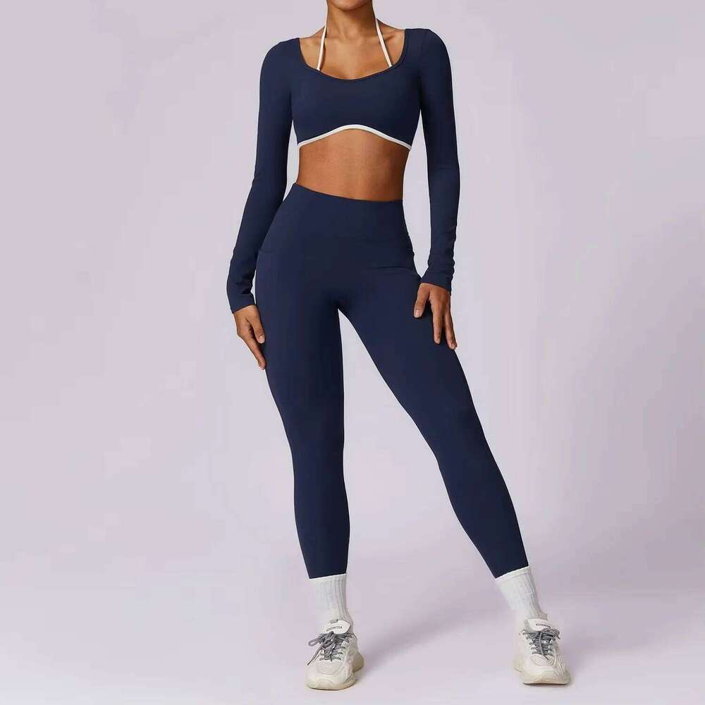 Yoga Set 2PCS Women Sportswear Push Up Workout Clothes Athletic Wear Gym Legging Fitness Bra Crop Top Long Sleeve Sports Suits 26H0311