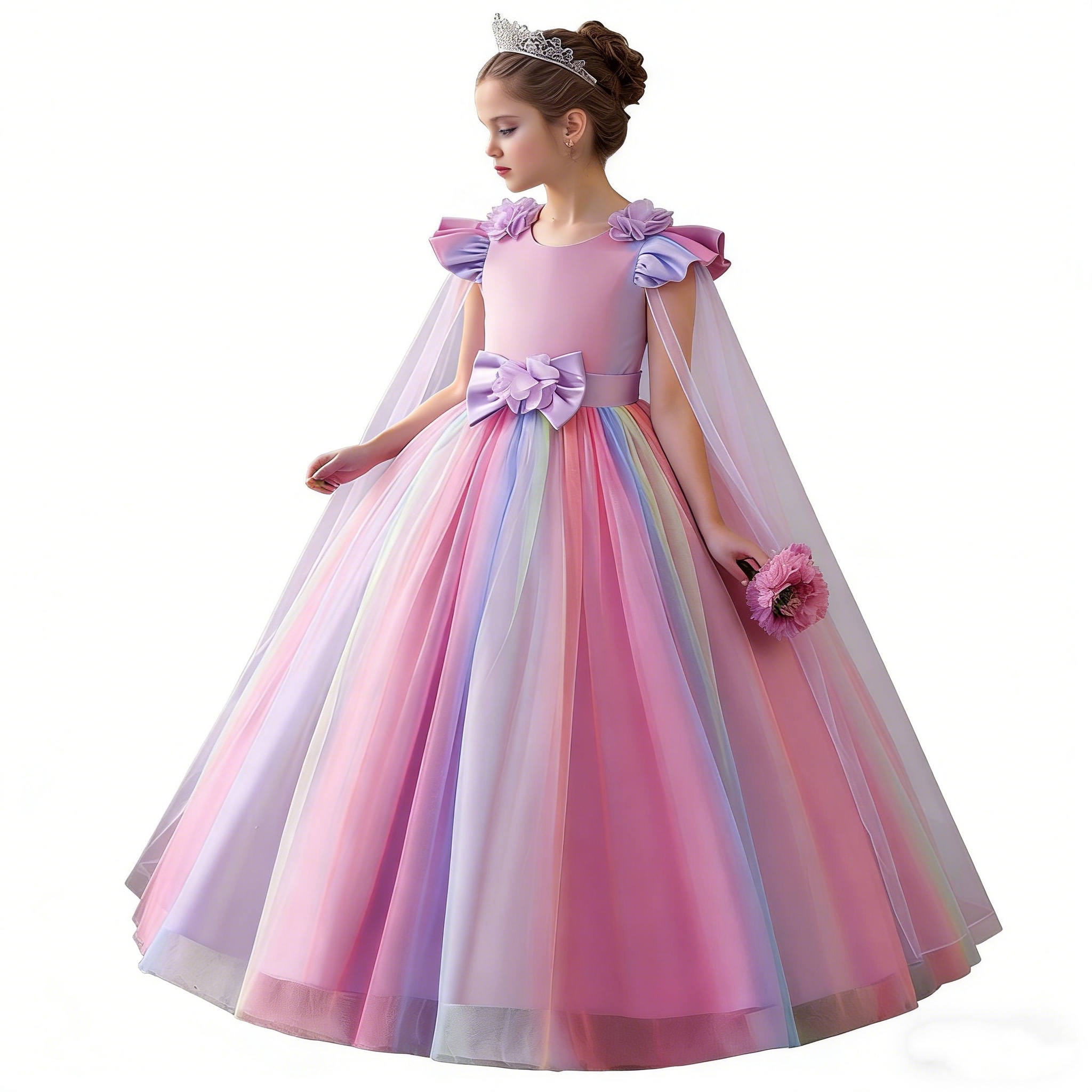 Girls Rainbow Tulle Princess Dress Kids Wedding Party Flying Sleeves Children Birthday Prom Dress Kids Photo Shoot Formal Dress Size 4-8Y