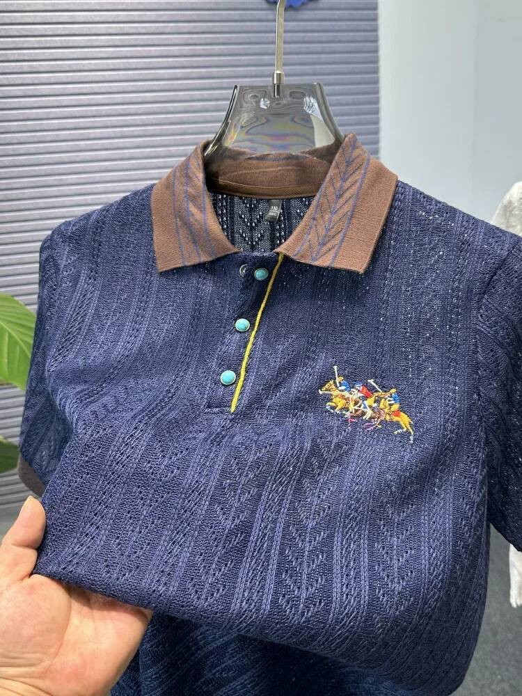 Design Brand Luxury Polo Shirt Hollow Jacquard Horse Embroidery Knitted Short Sleeve T-Shirt Summer Fashion Men's Clothing