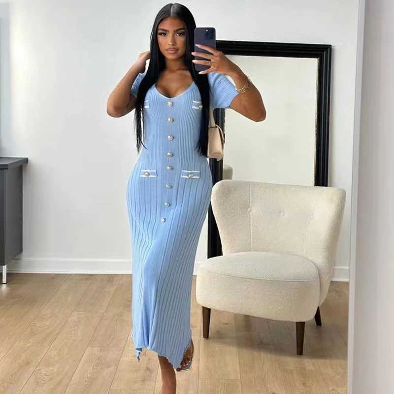 2024 Summer Women Elegant Knitted Long Dress Fashion V-neck Single Breast Sweater Maxi Vetsidos for Women Bodycon Streetwear M260311