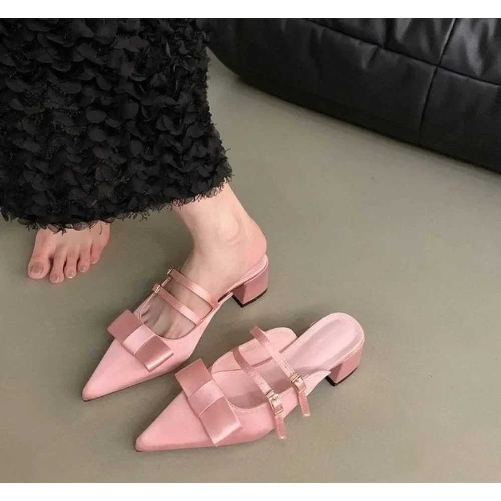 New Silk Bowknot Pointed Toe Women Sweet Elegant Mid Heel Slingbacks Shoes Female Slides Fashion Designer Sandals K260311