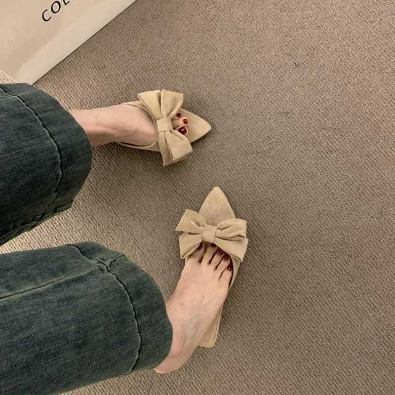 Bow - Decorated Pointed - Toe Mules Multi - Color Suede Casual Stylish K260311