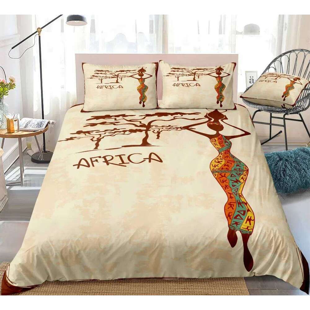 African Woman King Queen Duvet Retro Exotic Tribal Black Girl Pattern Bedding Set Africa Polyester Quilt Cover Pillowcase H260311