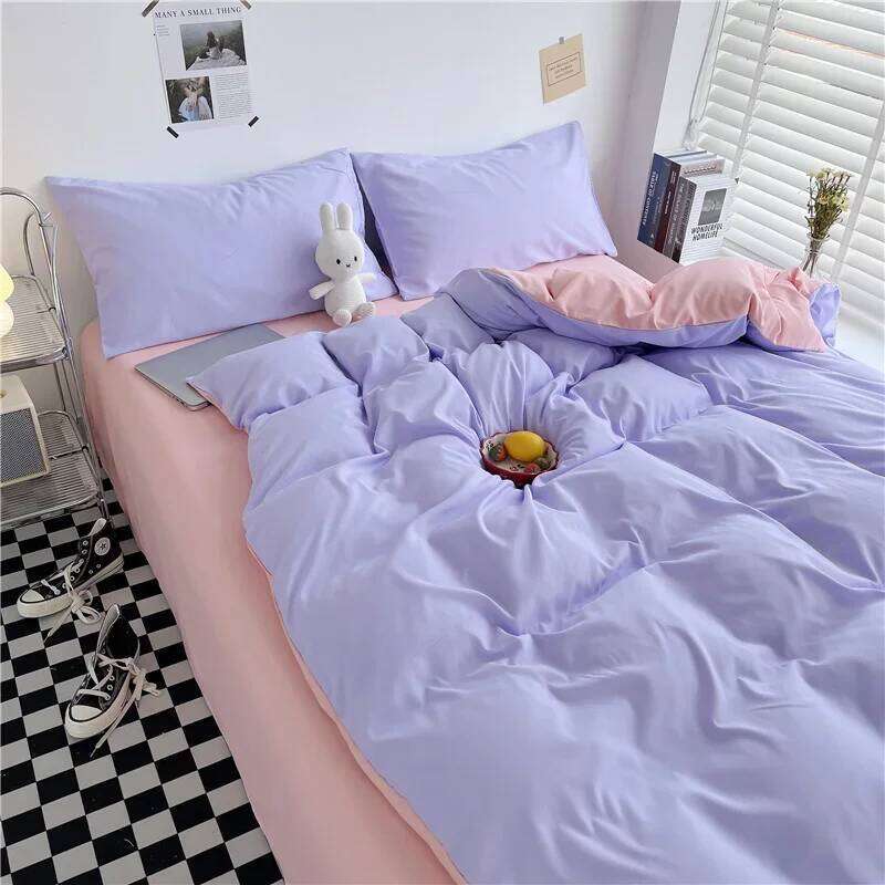 Simple Style 100% Washed Cotton Duvet Queen King 3 Pieces Solid Color Bedding Set, 1 Quilt Cover and 2 Pillowcases, Purple H260311