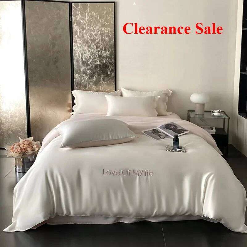 New craft ice silk printing embroidery fashionable solid color double-parcel four-piece set of sheets and bed hats H260311