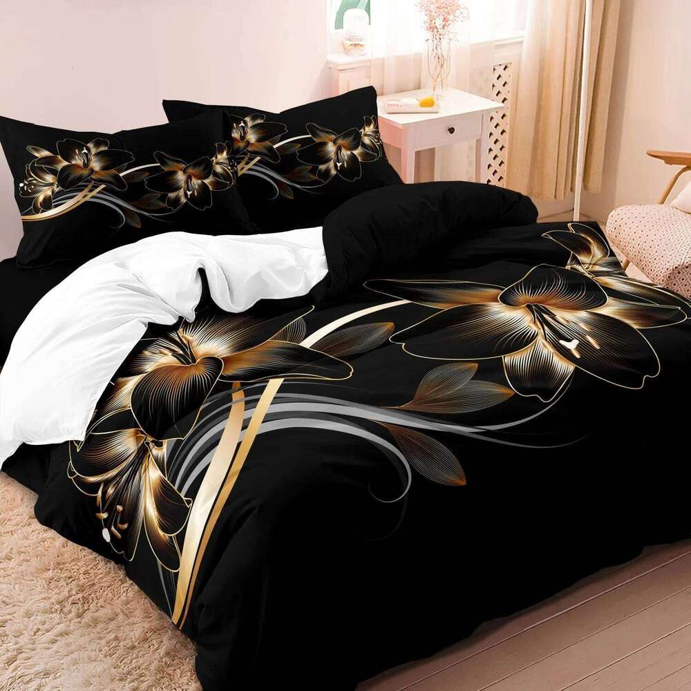 2/3pcs Duvet Cover Set Modern Black Golden Floral Print Soft Breathable Bedroom & Guest Room Without Core No Insert H260311