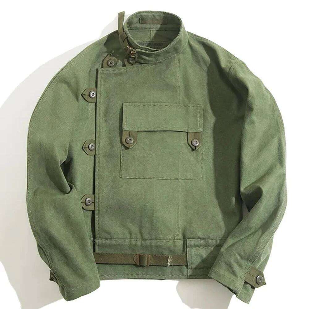Autumn Winter Maden Army Green Retro Bomber Jackets Misplaced Oblique Pocket Button Buckle Swedish Motorcycle Cotton Coat 26H0311