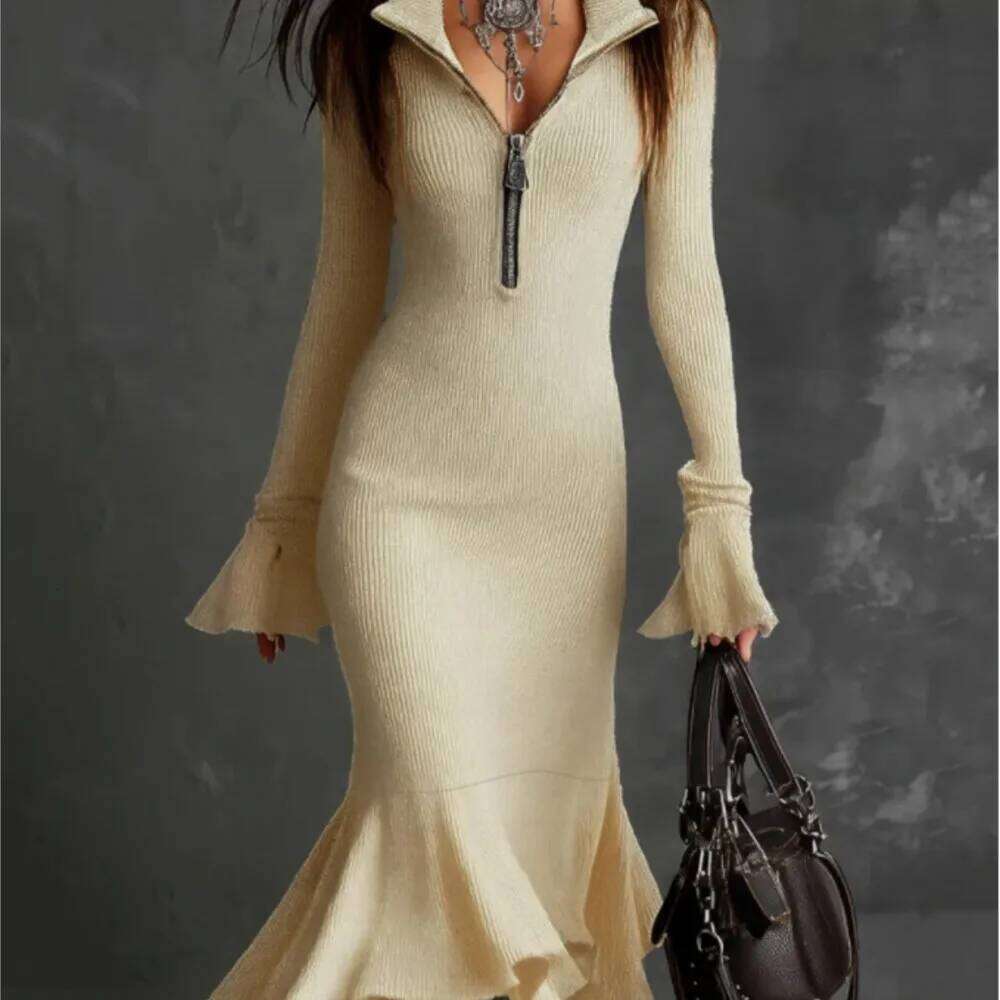 Zipper Lapel Bell Sleeves Knitted Fishtail Spring Autumn Fashion Elegant Solid Color Long-sleeved Long Dress Ropa Mujer Z260311