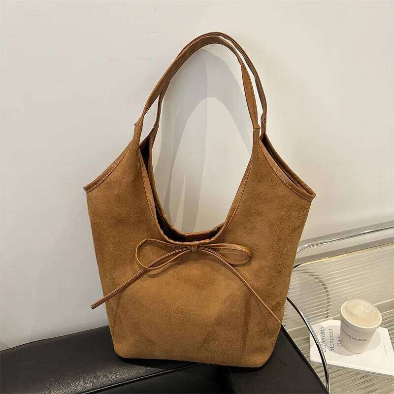French Retro Bow Underarm Shoulder New Large Capacity Casual Bucket Bag, Frosted Texture Hand-held Women's Bags XJ260311