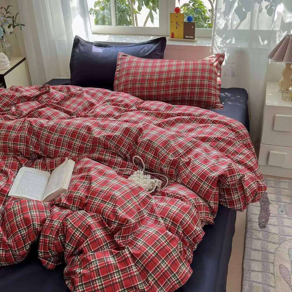 Black Red Grid Bedding Set Soft Quilt Duvet Cover No Filler Flat Sheet with Pillowcase Girls Boys Single Queen Size Home Textile H260311 - view 6