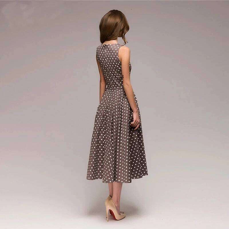 Vintage Sleeveless O-neck Vestidos Women Elegant Thin Dot Printing Mid-Calf Casual Dress Female 2023 Summer New Z260311