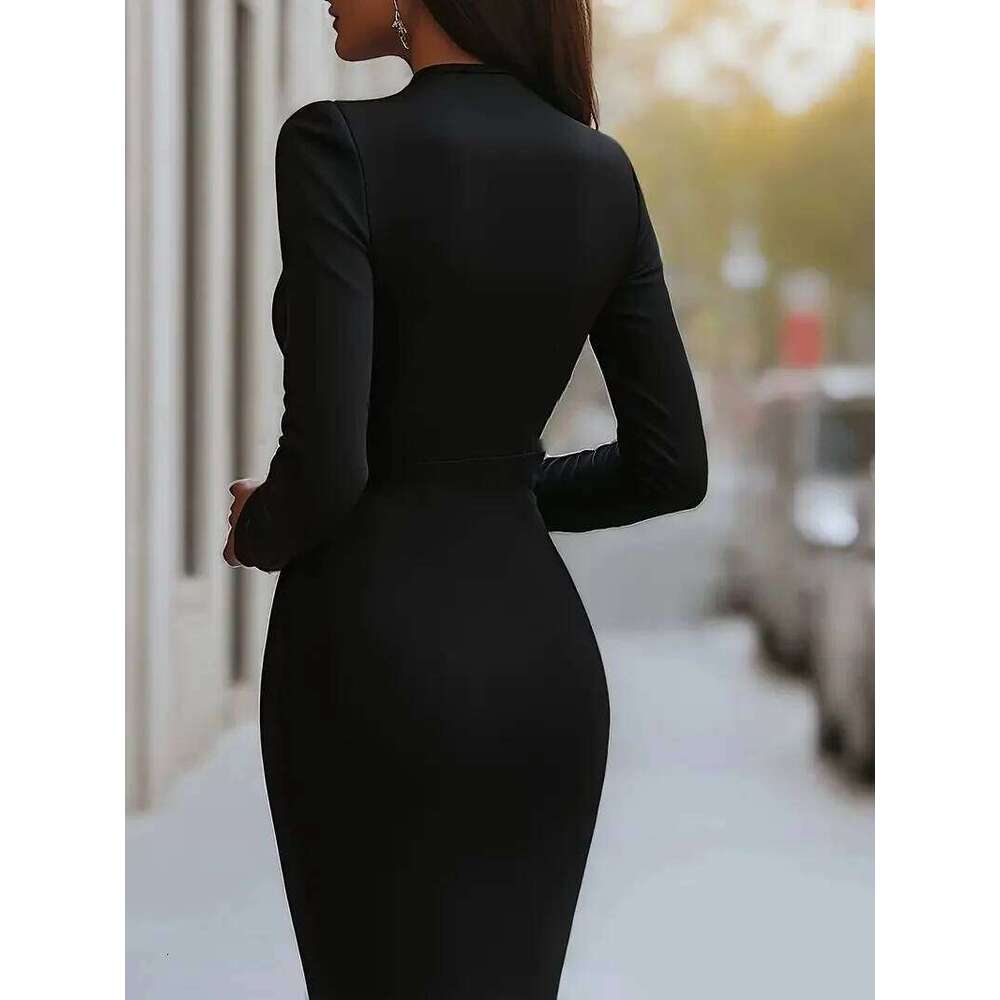 Autumn fashion V-neck waist slim solid colour long-sleeved dress women's clothing Z260311
