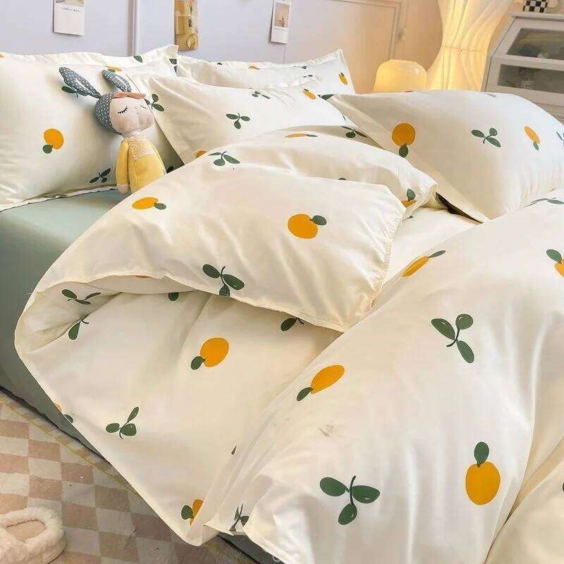 Ins Style Duvet Cover Set with Flat Sheet Pillowcases Cute Orange Cherry Crow Printed Single Double Queen Size Girls Bedding Kit H260311