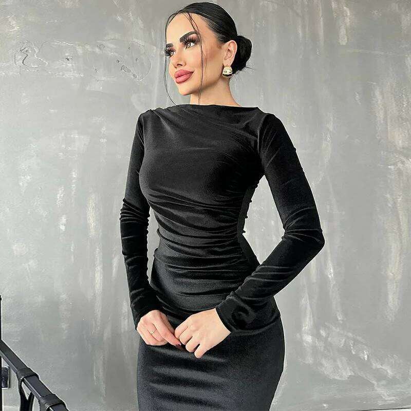 Fashion Autumn and Winter New Long-sleeved Semi-turtleneck Slim Dress Elegant Velvet Women's Solid Color Casual Skirt Z260311