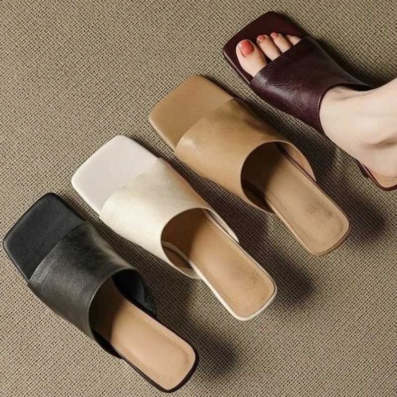 Fashion Limp Heel for Women 2025 Summer New Square Toe Soft Leather Flip-flops Special-shaped Heels K260311