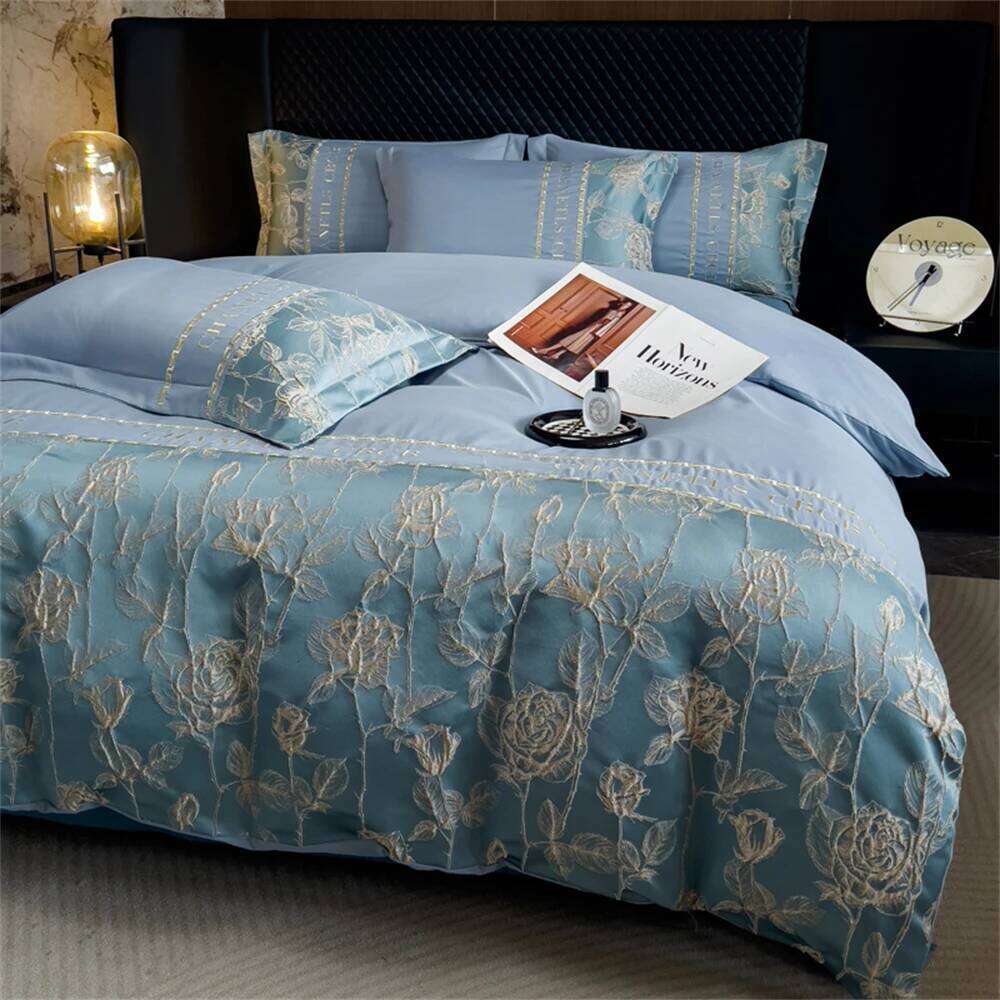 Embroidery Bedding Satin Jacquard Soft Comforter Four Piece Bed Linen Pillowcase Duvet Cover Set Queen King Home Textile H260311