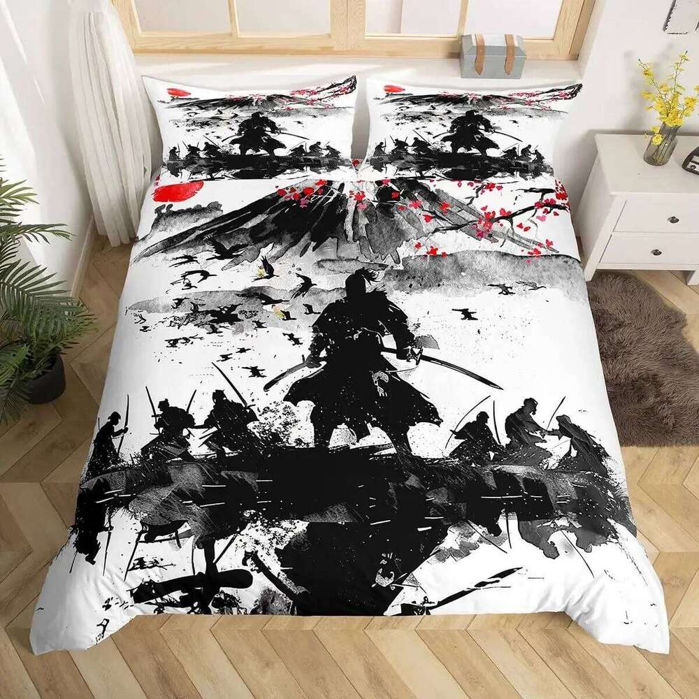 Japanese Samurai Bedding Set Full Size Cherry Blossoms Comforter Red Sun Hokusai Duvet Fuji Mountain Quilt Cover H260311