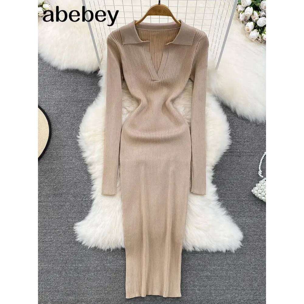 Women Korean Knitted Long Sleeve V Neck Elastic Slim Pencil Dresses 2026 Autumn Sexy Bodycon Sweater Dress Z260311