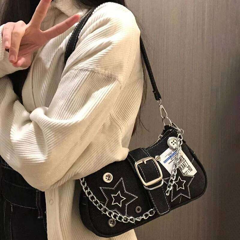 Fashion Women's Handbags Denim Stars Pattern Cool Girls Y2K Underarm Canvas Female Small Shoulder Bags Chain Tote Bag XJ260311