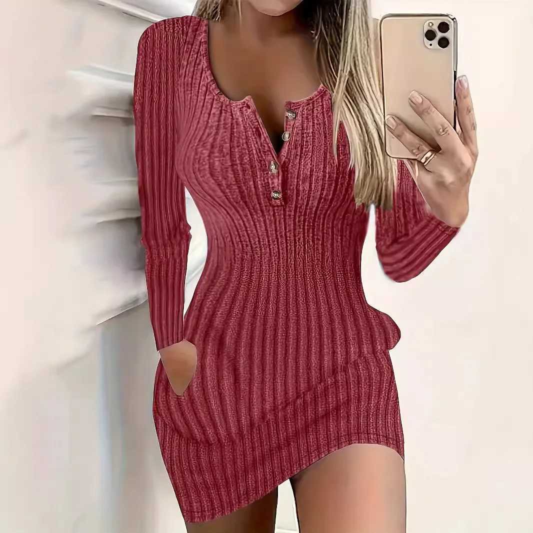 Fashion Long Sleeve Buttons Bodycon Dress Women Autumn Winter Knitted Ribbed Slim Sweater Sexy Mini Dresses For Women Robe Femme M260311