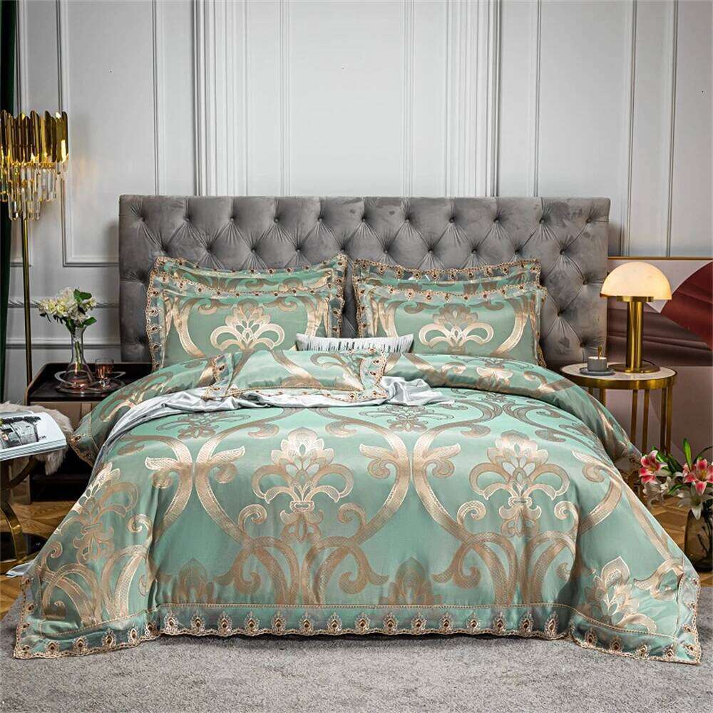 Jacquard Weave Sateen Lace Bedding Natural Comforter Satin Soft Four Pieces Set Home Duvet Cover Bed Sheet Pillowcase H260311