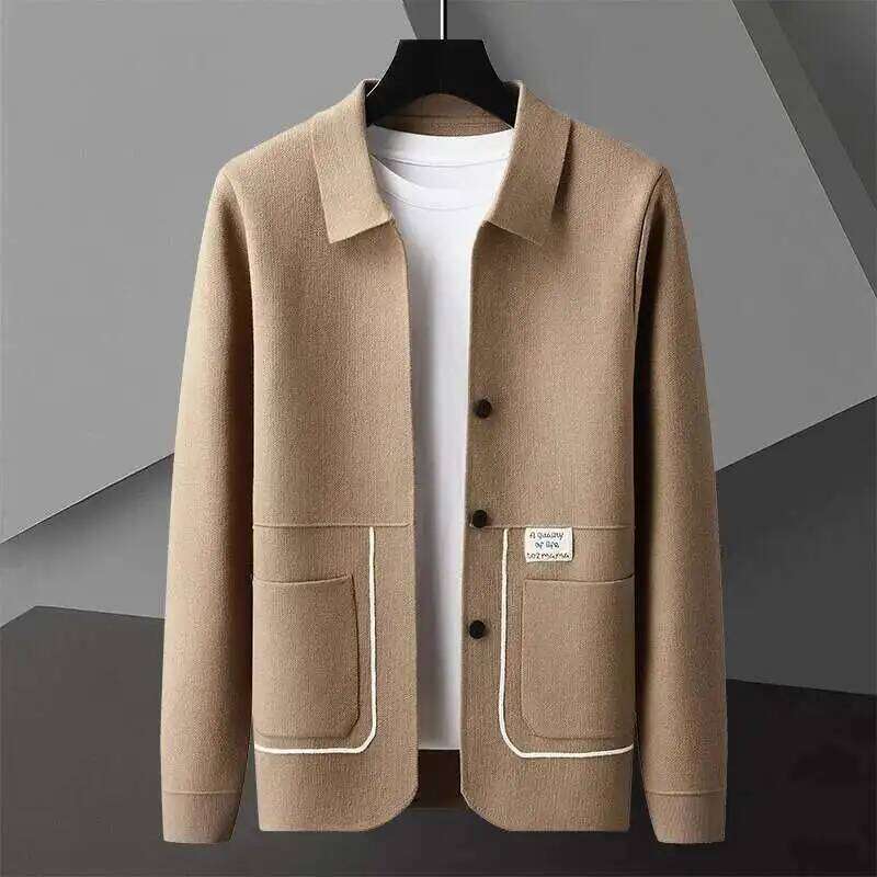Line Decoration Knitting Man Contrasting Colors Long Sleeve Slim Fit Sweater Cardigan Male Garment Coat 26H0311