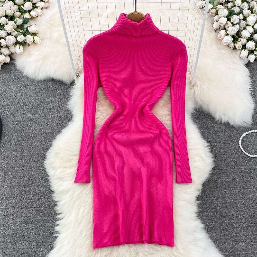 Elegant Turtleneck Long Sleeve Knit Bodycon Pencil Dress Slim Basic Fashion Sweater Vestido Sexy Women Autumn Winter Clothing Z260311