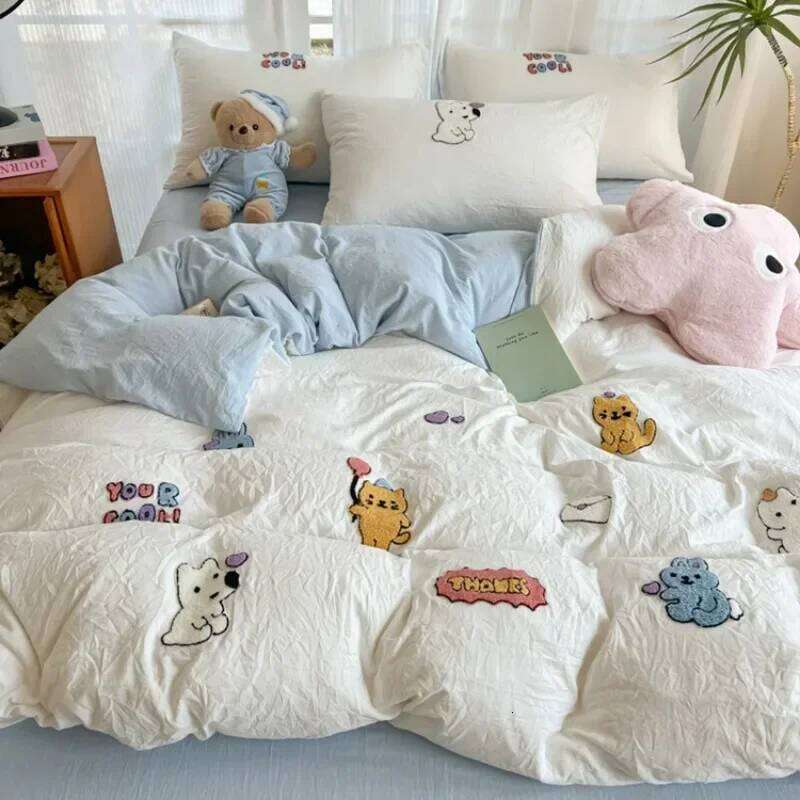New washed cotton towel embroidery four-piece animal paradise sheet bed hat home student dormitory three-piece set H260311