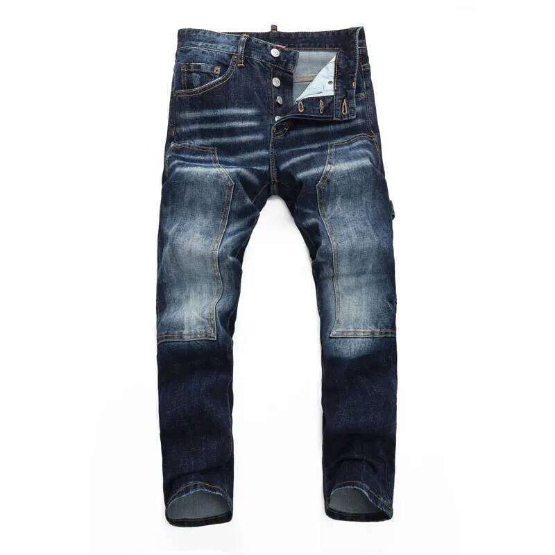 High street fashionable new men's jeans with patch, nostalgic stretch, slim fit, washed blue jeans, 's hip-ho Z260225