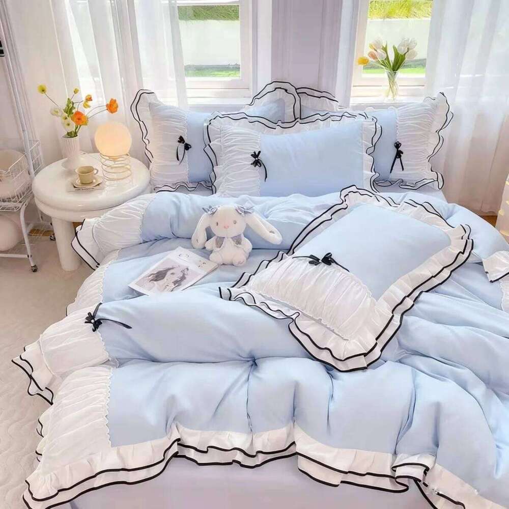 4pcs Blue Bow Duvet cover set 1*Duvet Cover + 2*Pillowcase+ 1flat sheet Bedding Set, Soft Comfortable H260311